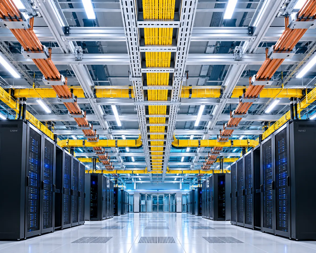 Data hall with structural ceiling grid and server rows