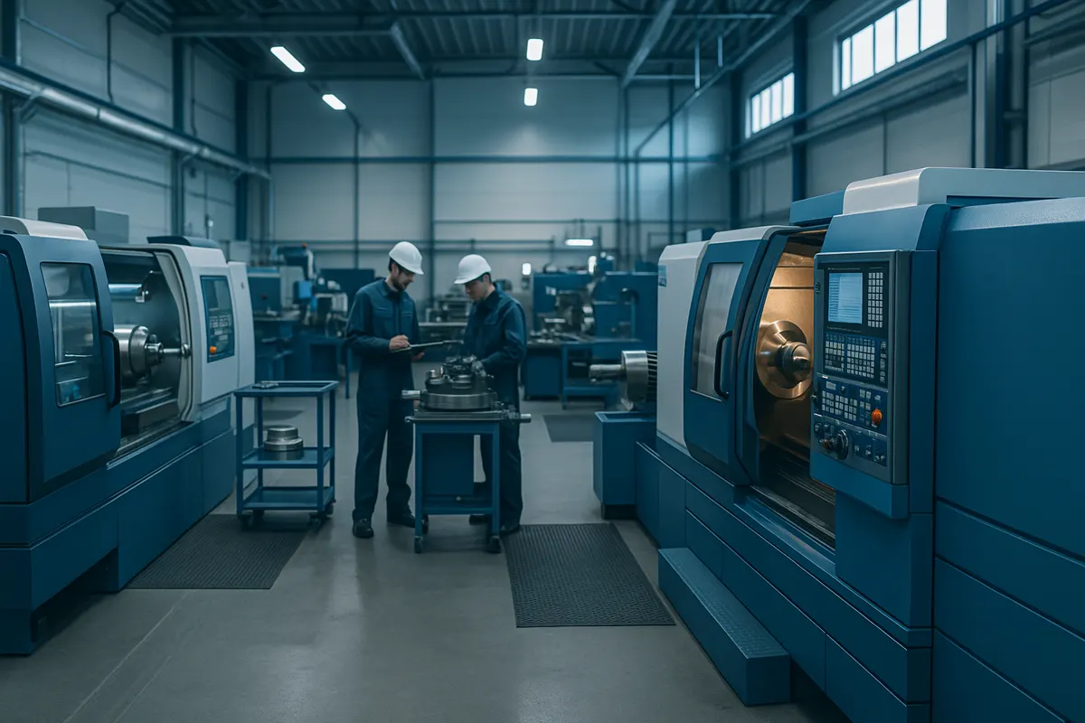 Technicians inspecting a component beside CNC machines