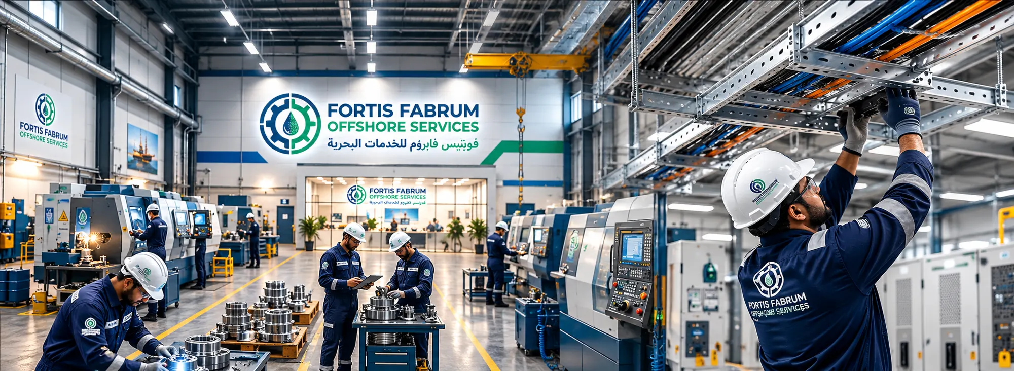 Technicians working in a machine shop and fabrication hall