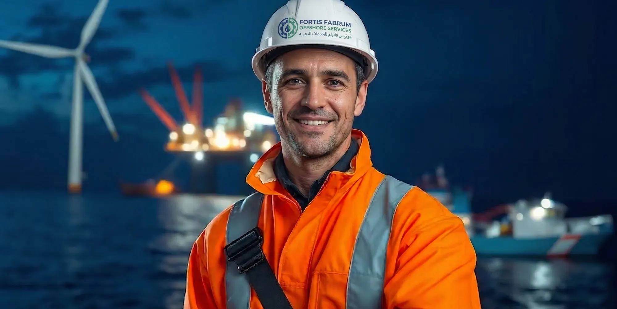 Offshore engineer in a hard hat with a platform and wind turbine behind